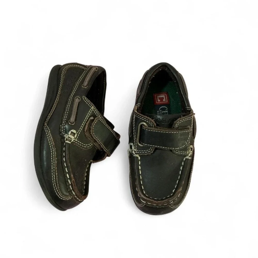 Chaps Boys Brown Faux Leather Boat‎ Shoes Hook and Loop Size 7 Preowned